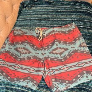 Faherty Geometric Tribal Swim Shorts in Red and Teal Size 38